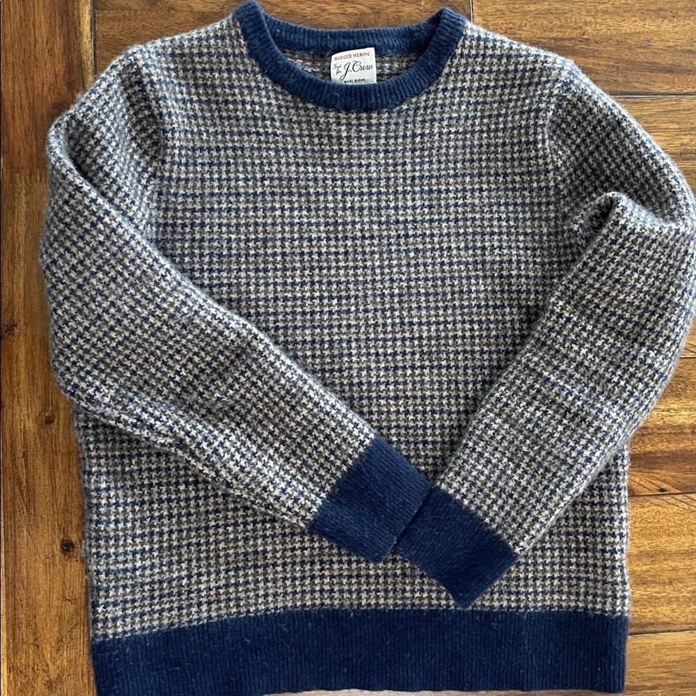 J. Crew Rugged Merino Wool Houndstooth Jacquard Crew Neck Sweater M Tan Blue